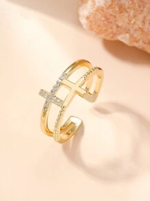 1件時尚風格的雙擱板鑲鑽戒指,可調節,適用於女士派對 - 金黃色 - 查看 1