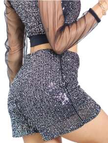 Women's Sequin Shorts With Lining And Zipper - Light - Silver - View 2