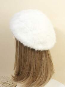 1顶女士白色绒面贝雷帽，秋冬季保暖优雅 - 白色 - 查看 3