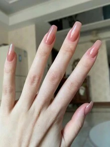 300入組短棺形單色條紋假指甲，10套裸色DIY指甲藝術貼片式假指甲用品 - 藕粉色 - 查看 6