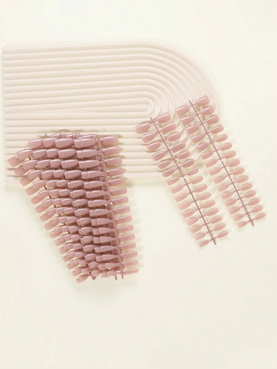 300入組短棺形單色條紋假指甲，10套裸色DIY指甲藝術貼片式假指甲用品