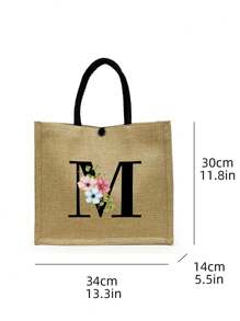 亞麻花字母手提包,個人化禮品袋,適合婚禮、生日、海灘、節日,是送給女性、母親、老師、朋友、伴娘的完美禮物,大包、學生、返校、給老師的禮物 - 卡其色 - 查看 4