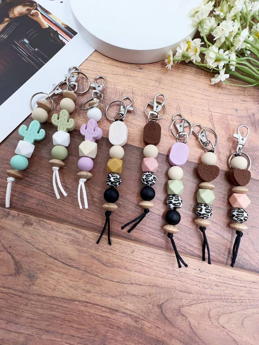 1件西式印花矽膠珠鍊手環鑰匙扣,可用作背包飾品、仙人掌造型鑰匙扣吊飾禮品 - 綠色 - 查看 1