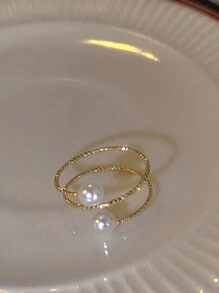 Nooxian 1pc Cubic Zirconia Inlaid Pearl Open Ring - Yellow Gold - View 4