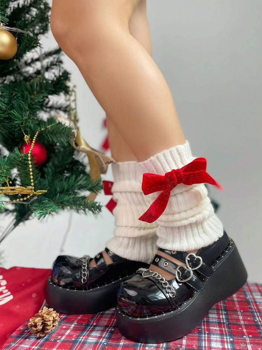 1pair Women'S Knitted Warm Leg Warmers With Bowknot Detail And Pile Design, Solid Color, Suitable For Christmas Outfit