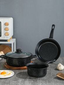 New Non-stick Cooking Pan Set For Home Use, Including Frying Pan, Soup Pot And Flat Pan - Black - View 2
