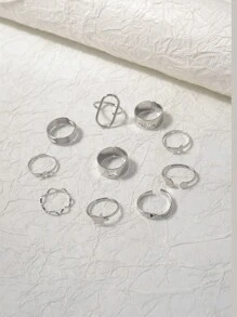 10pcs/set Fashionable Silver Tone Open Design Vacation Style Ring Set - Silver - View 3