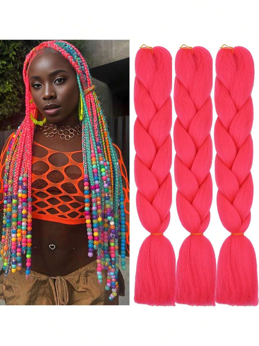 3入組粉色大辮子頭套24英寸,適合女性日常、假期和cosplay的辮子頭衣服,時尚新年和聖誕節的合成髮和易於操作的高溫髮