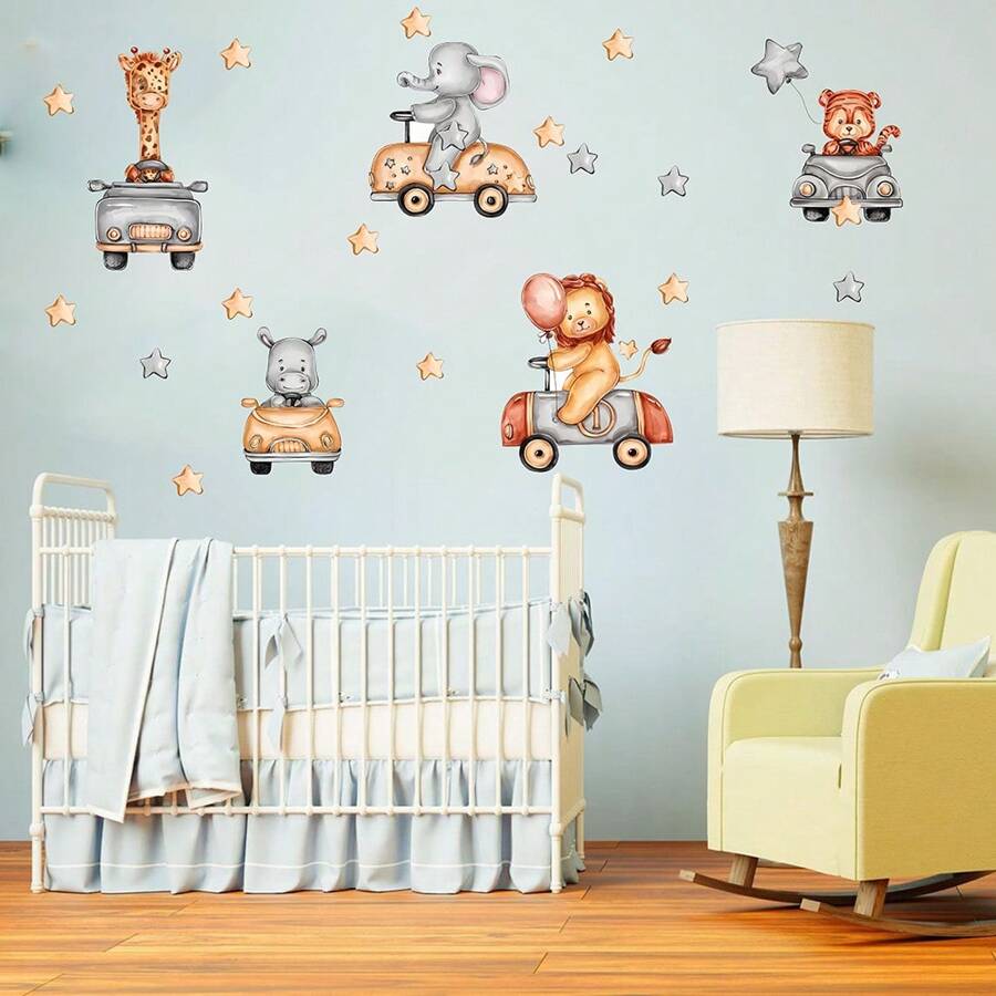 1套水彩野生動物汽車壁貼,長頸鹿、獅子、大象、星星,卧室家居裝飾