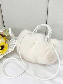 新款秋冬時尚多用途兒童肩袋&斜揹包&手提包,毛絨材質,毛茸茸球裝飾 - 白色 - 查看 1