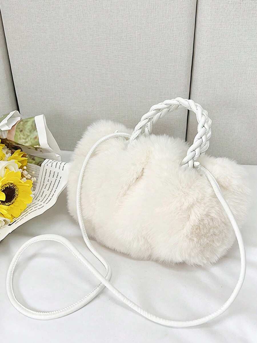 新款秋冬時尚多用途兒童肩袋&斜揹包&手提包,毛絨材質,毛茸茸球裝飾 - 白色 - 查看 1