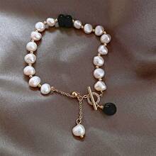 1 件女士黑色串珠淡水人造珍珠手链，配龙虾扣，优雅的日常穿着/婚礼/派对配饰