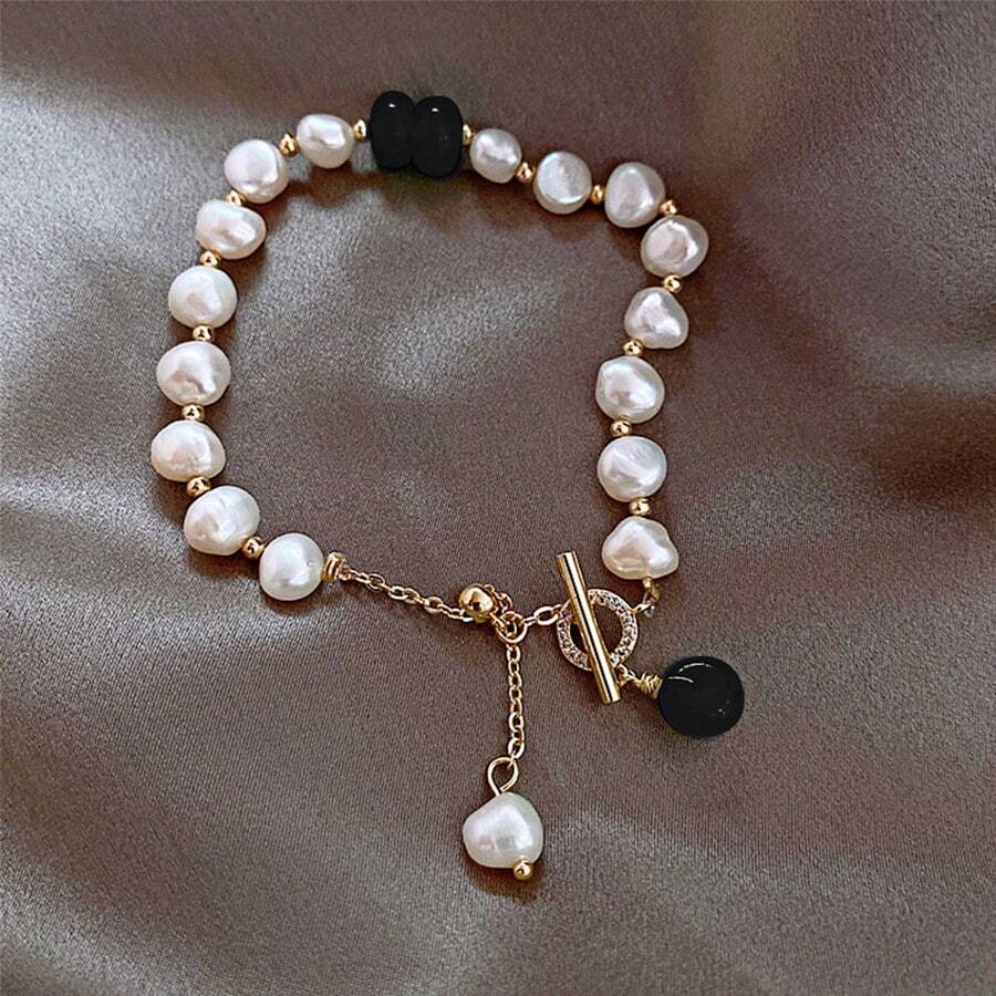 1 件女士黑色串珠淡水人造珍珠手链，配龙虾扣，优雅的日常穿着/婚礼/派对配饰