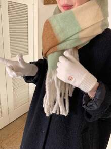 1 par de guantes de exterior con dedos completos de material de fibra de poliéster beige con bordado de oso y piel de conejo - Beis - Ver 1