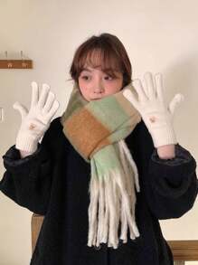 1 par de guantes de exterior con dedos completos de material de fibra de poliéster beige con bordado de oso y piel de conejo - Beis - Ver 2