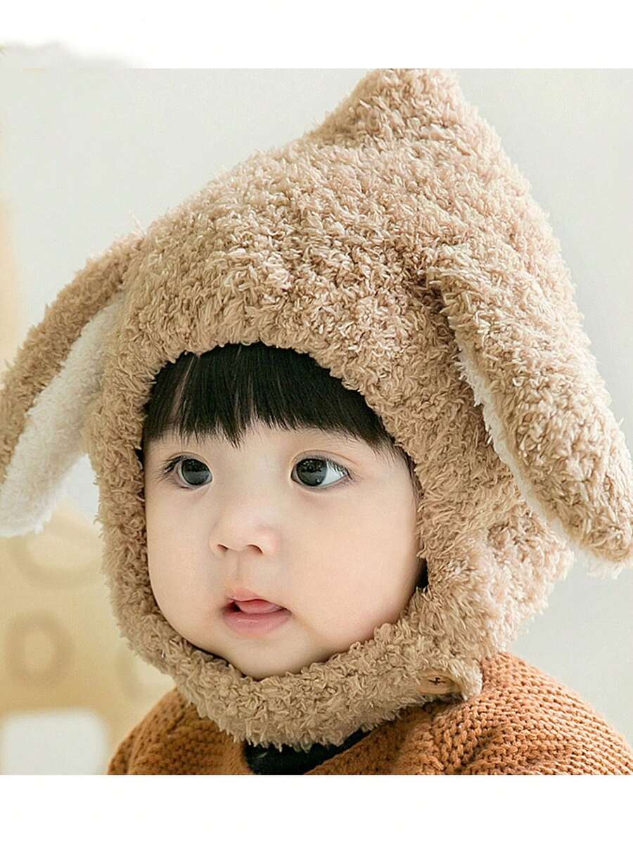 1 件装咖啡棕色可爱长耳朵婴儿帽，适合男孩和女孩，针织帽带护耳和保暖内衬，秋冬