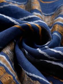 1pc Blue Striped Unisex Pashmina Short Fringe Scarf Shawl, Suitable For Daily Commute Outerwear, Autumn/Winter - Blue - View 5