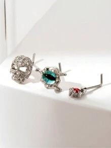 1件简约时尚个性化鼻钉，造型包括眼睛、骷髅、面具、手和心形，不锈钢材质，镶嵌钻石。