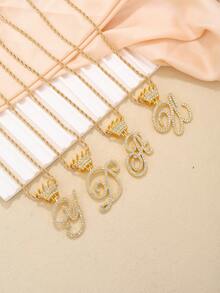 1入新款嘻哈皇冠和26個字母鑲鑽掛墜,不鏽鋼個性化項鍊 - 金色 - 查看 2