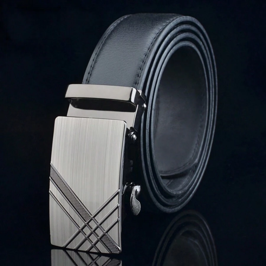 男士皮帶奢華自動扣商務腰帶男士設計師時尚休閒皮帶 - 黑色 - 查看 1