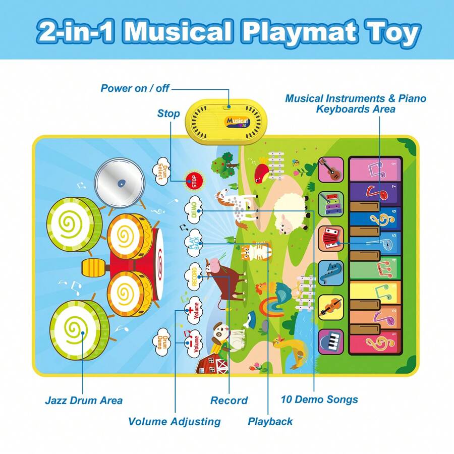 2-In-1 Kids' Music Mat With Piano & Jazz Drum Game Modes, Including ...