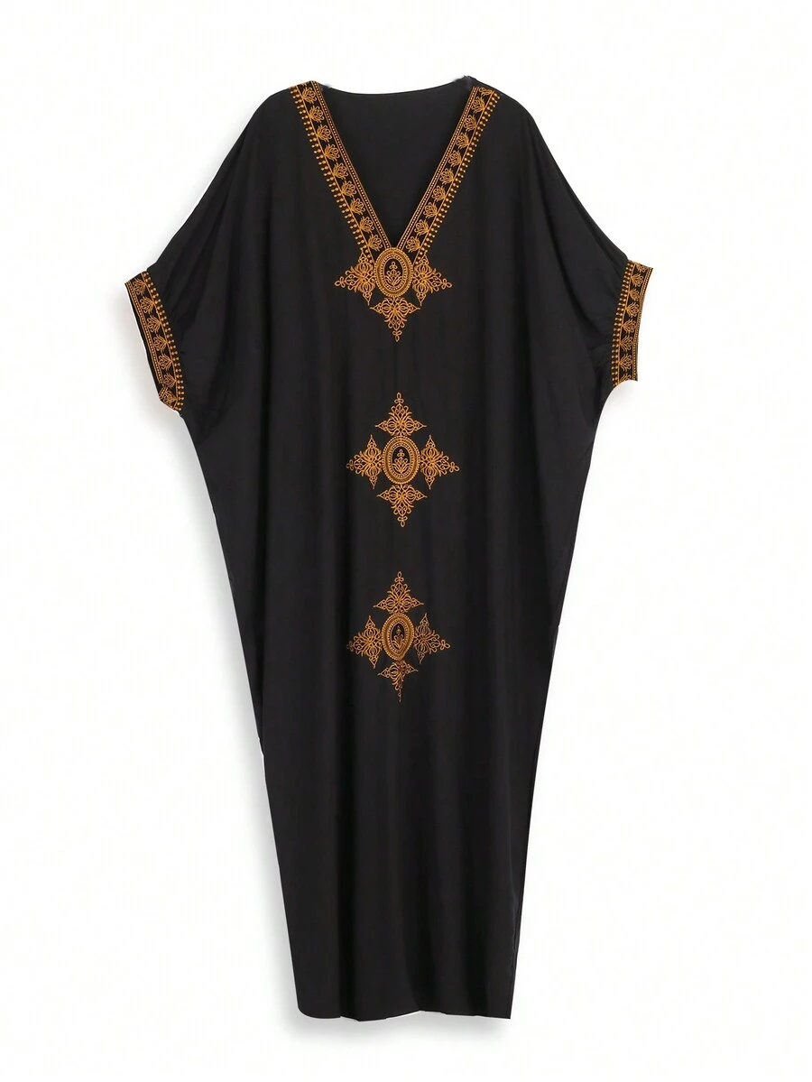 Vestido De Playa Kaftan Bordado Negro Para Vacaciones
