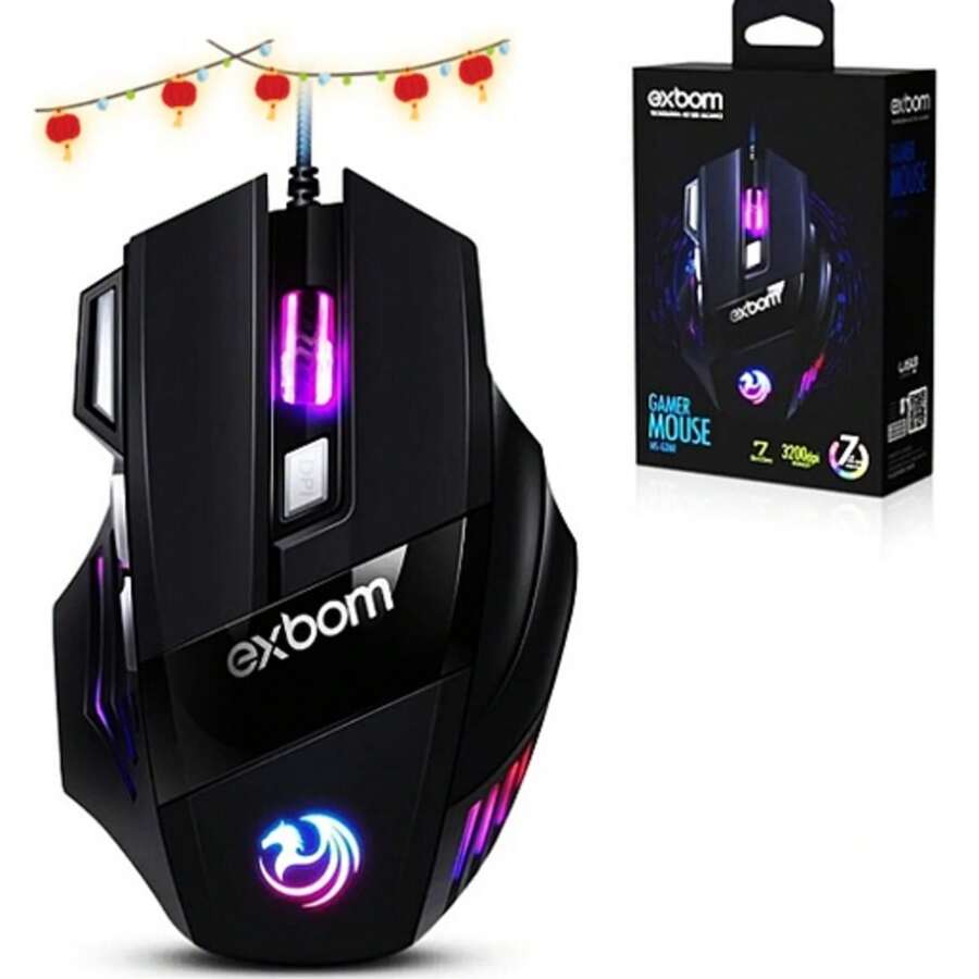 Mouse Gamer Exbom Ms-g260 (3200 Dpi) - 7d Rgb para jogos - Preto - Visão 1