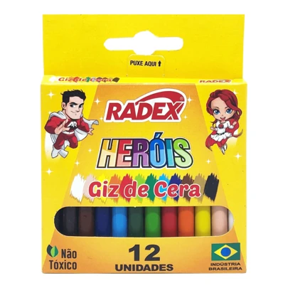 Giz De Cera 12 Cores Radex Heróis Coloridos Para Arte Desenho Escolar
