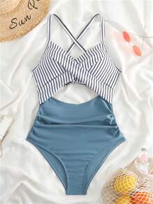 Striped Print Cut Out Criss Cross Ruched Side Onepiece Swimsuit Summer