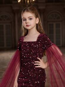 Tween Girl Sparkly Mermaid Formal Dress Featuring A Square Neckline, Floor-Length And Sheer Long Sleeves