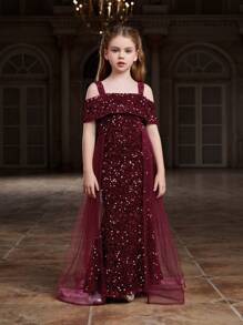 Tween Girl Sparkly Sequin & Mesh Dress With Spaghetti Straps (For Kid) - Burgundy - View 3