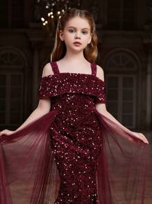 Tween Girl Sparkly Sequin & Mesh Dress With Spaghetti Straps (For Kid) - Burgundy - View 7