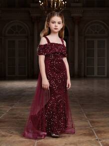 Tween Girl Sparkly Sequin & Mesh Dress With Spaghetti Straps (For Kid) - Burgundy - View 5