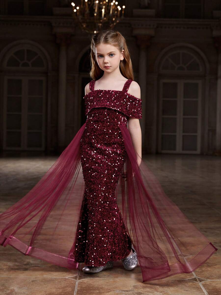 Tween Girl Sparkly Sequin & Mesh Dress With Spaghetti Straps (For Kid) - Burgundy - View 1