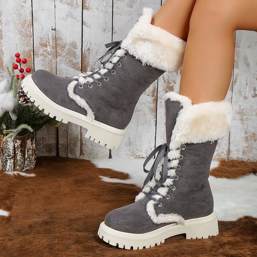 Của phụ nữ Ấm áp Và Dày lên Bốt Tuyết Với Lông Vòng cổ Và Chóp giầy tròn , Giữa bắp chân , Lace-up , Giày ống bằng , Đúng mốt Và Cá nhân hóa Nhung Giày ống , Mùa Đông - Xám - Xem 1