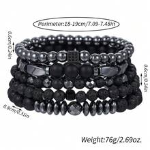 5pcs/Set Vintage Creative Lava Stone Beaded Square Cubic Zirconia Detail Matte Bracelets, Universal - Black - View 2