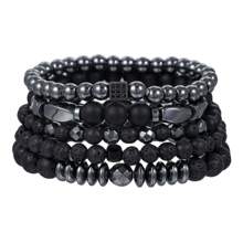 5pcs/Set Vintage Creative Lava Stone Beaded Square Cubic Zirconia Detail Matte Bracelets, Universal - Black - View 6