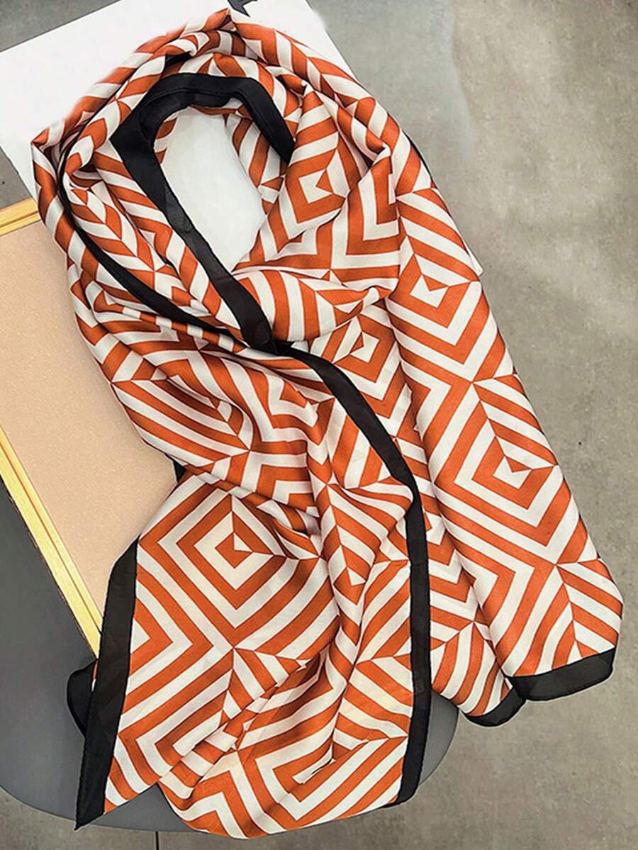 A Simple And Fashionable Striped Print Scarf, New Style Fashionable Women Silk Scarf/Belt All-Match Headband/Neckerchief/Small Long Scarf. - Orange - View 1