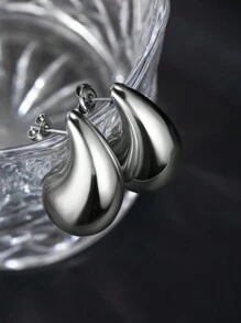 1对钛钢奢华水滴形耳钉，男女皆宜的简约个性化精致耳钉，适合日常佩戴/度假 - 銀色 - 查看 1