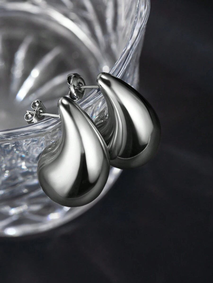 1对钛钢奢华水滴形耳钉，男女皆宜的简约个性化精致耳钉，适合日常佩戴/度假 - 銀色 - 查看 1