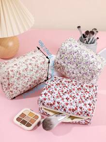 1pc Pink Floral Cosmetic Bag, Pure Polyester Fiber Square Hand-held Makeup Storage Bag - Hot Pink - View 2