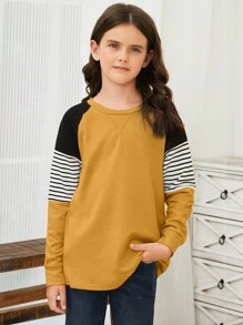 Blibean Cô gái Giải trí Khối màu Tay áo dài Vòng cổ Áo thun , Thanh thiếu niên - Màu vàng - Xem 2