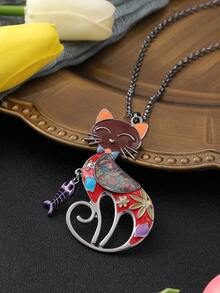 復古可愛貓咪搪瓷長項鍊,適用於女性節日飾品