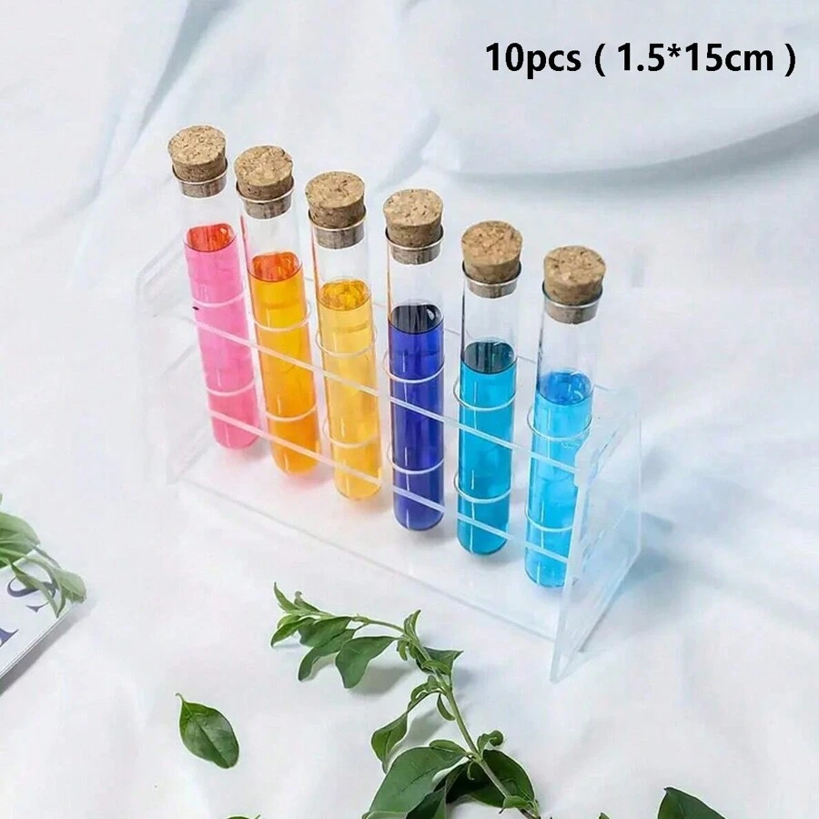 10入組圓底玻璃試管子裝,透明控制瓶,透明實驗室塑膠試管瓶,帶塞子的學校實驗室用品 - 無色 - 查看 1