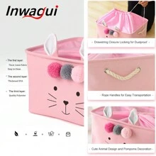 Inwagui 1pc White Cat Storage Basket Fabric Rectangular Storage Box with Drawstring Foldable Storage Organizer for Toys, Clothes, Books - White - View 6
