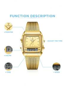 Liebig1pc Fashionable Men's Dual Display Multifunctional Waterproof Steel Light Luxury Casual Daily Wear Wristwatch - Gold - View 3