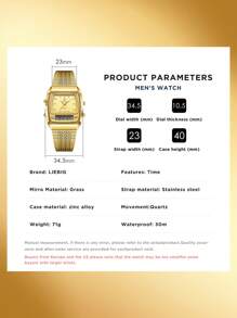 Liebig1pc Fashionable Men's Dual Display Multifunctional Waterproof Steel Light Luxury Casual Daily Wear Wristwatch - Gold - View 6