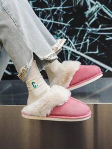 女士柔软毛绒舒适家居拖鞋，适合秋冬季，轻便防滑，具有蓬松保暖内衬，适合室内散步 - 粉色 - 查看 3