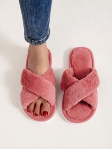 女士交叉式拖鞋,時尚開口拖鞋,室內家居毛絨拖鞋 - 玫紅色 - 查看 1