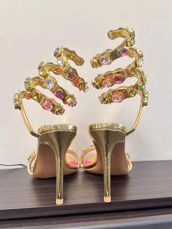 Luxury Gold Rhinestone Studs Women's Stiletto High Heels Sandals Sexy Ankle Wrap Summer Shoes For Weddings And Parties